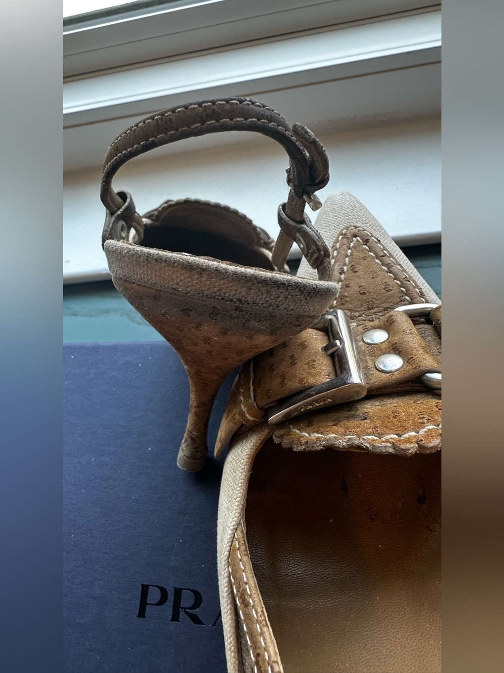 Vintage Prada Beige Canvas Pointed Toe Buckle Slingback Heels - Picture 15 of 16